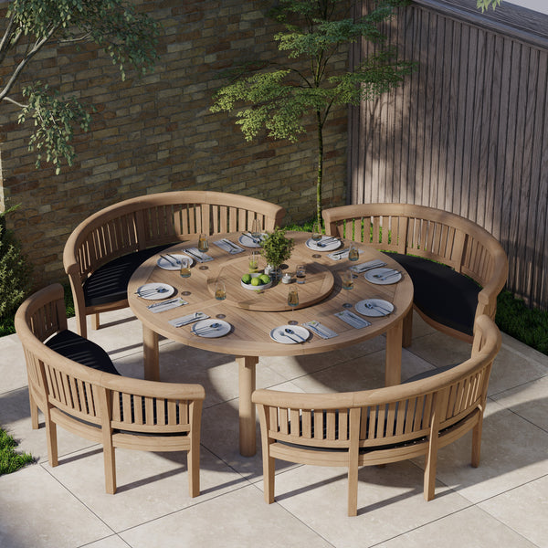 Teak Set 180cm Maximus Round Table (4 San Francisco Benches Complete Set) Cushions included.