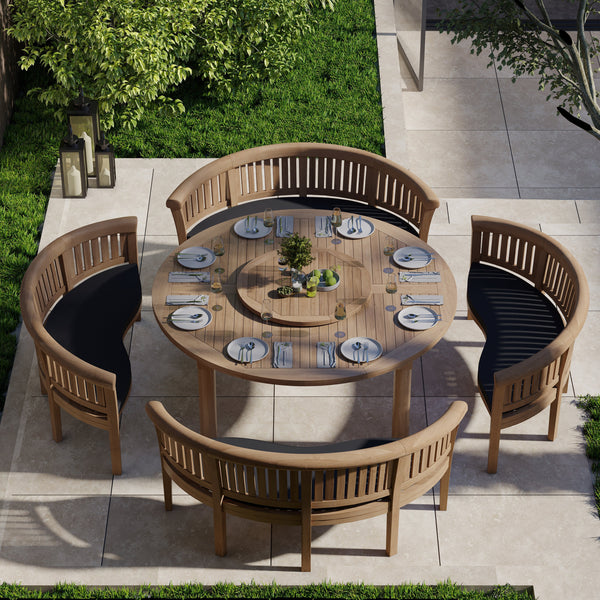 Teak Set 180cm Maximus Round Table (4 San Francisco Benches Complete Set) Cushions included.