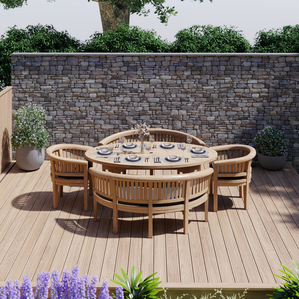 Teak Set 2m Sunshine table 4cm Top (with 2 San Francisco Chairs and 2 Benches) Cushions included.
