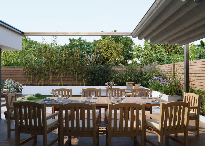 Teak 2-3m Rectangle Extending Table 4cm Top (10 Warwick Chairs) Cushions included.
