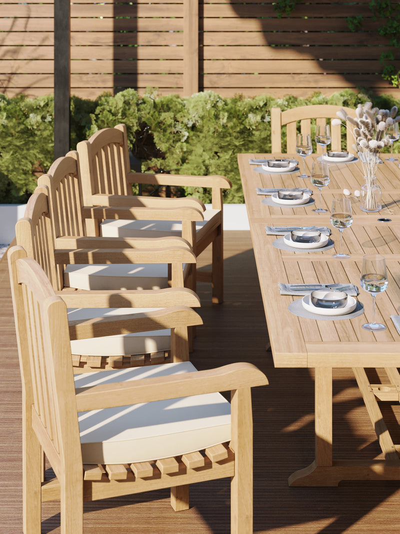 Teak 2-3m Rectangle Extending Table 4cm Top (10 Warwick Chairs) Cushions included.