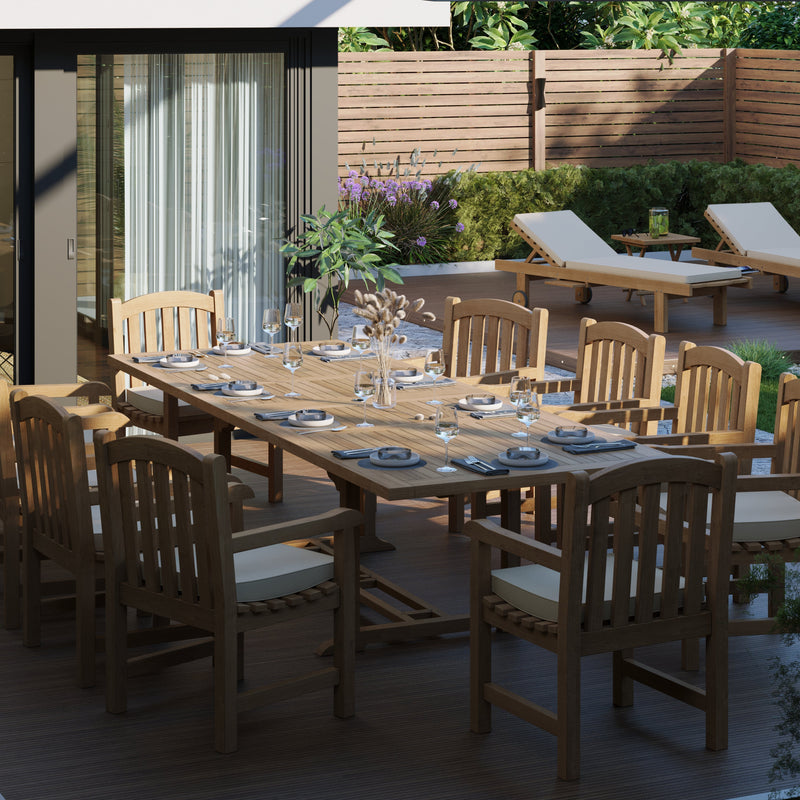 Teak 2-3m Rectangle Extending Table 4cm Top (10 Warwick Chairs) Cushions included.