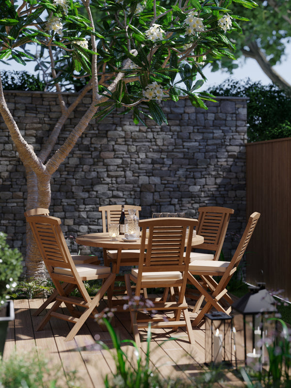 Teak 120cm Round Sunshine Folding Table 4cm Top (6 Folding Chairs) Cushions included.