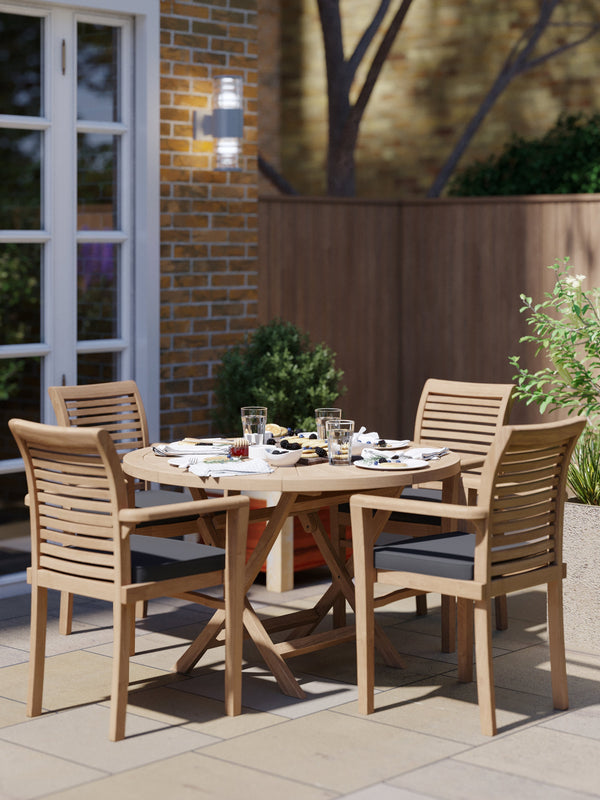 Teak Set 120cm Sunshine Round Folding Table with 4 Oxford Stacking Chairs