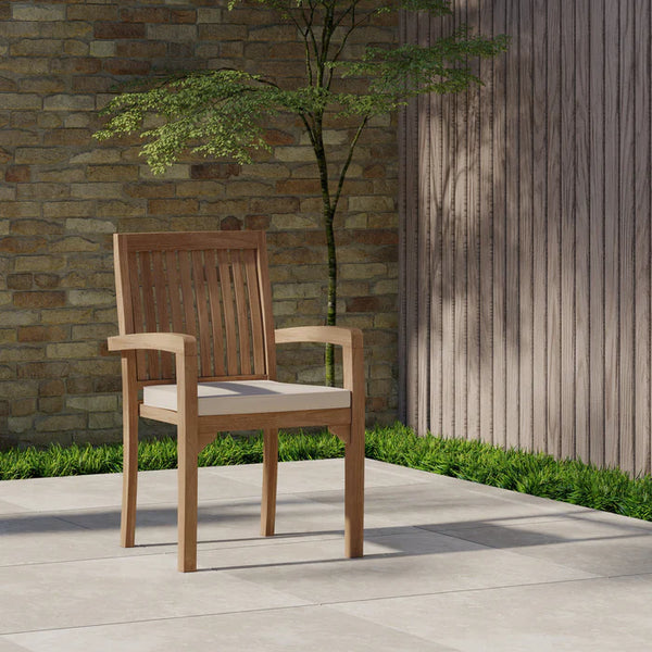 2 x Teak Henley Stacking Chairs with Cushions.