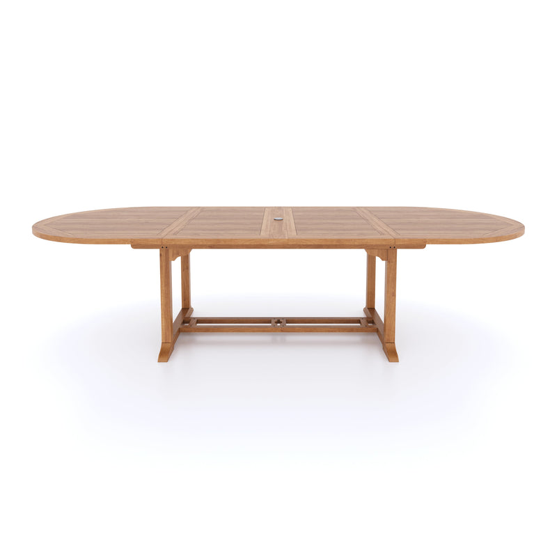 Giant Teak Oval Set 2-3m Extending Table 4cm Top (12 Oxford Stacking Chairs) Free Cushions.