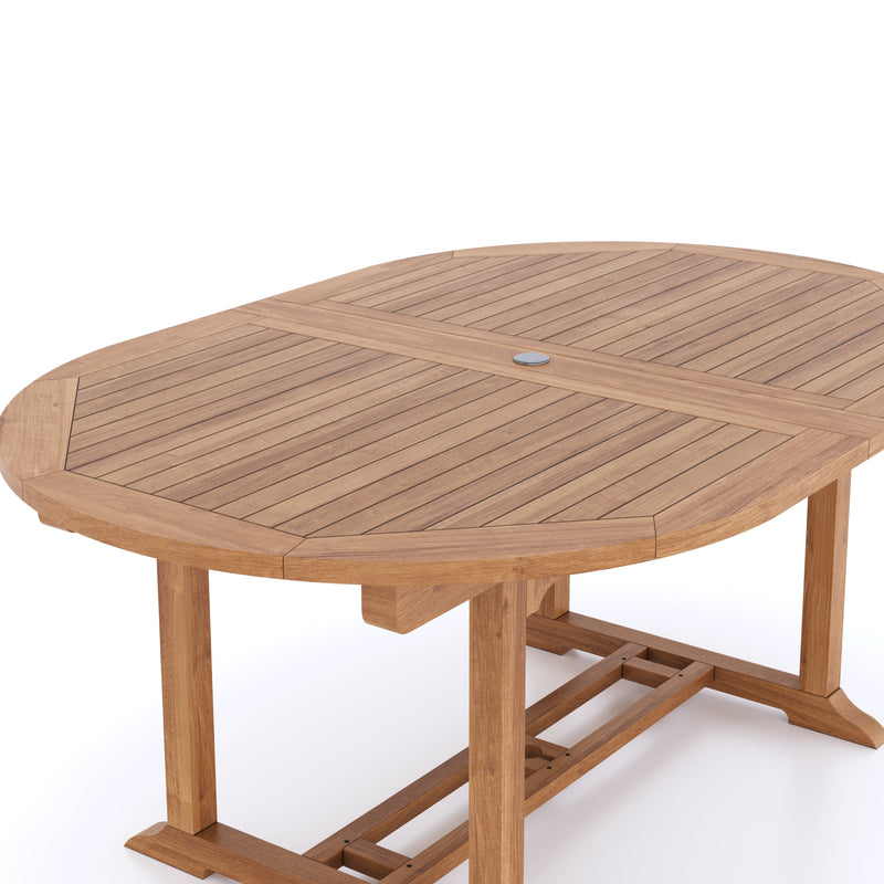 Teak 180-240cm Oval Extending Table 4cm Top (6 Oxford Stacking Chairs 2 San Francisco Benches) Cushions included.