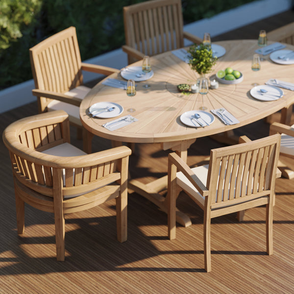 Teak Set 2m Sunshine Oval table 4cm Top (with 4 Henley Stacking Chairs, 2 San Francisco Chairs) Cushions included.