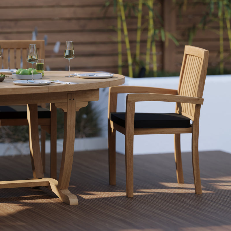 Teak Set 2m Sunshine table 4cm Top (with 6 Henley Stacking Chairs) Cushions included.
