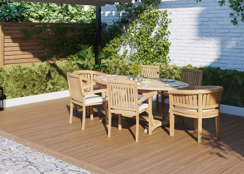 Teak Set 2m Sunshine Oval table 4cm Top (with 4 Henley Stacking Chairs, 2 San Francisco Chairs) Cushions included.