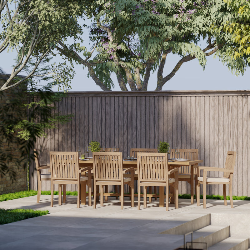 Teak Rectangle 180-240cm Extending Table 4cm Top (8 Henley Stacking Chairs) Cushions included.