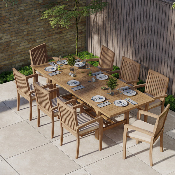 Teak Rectangle 180-240cm Extending Table 4cm Top (8 Henley Stacking Chairs) Cushions included.