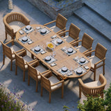 Teak 200-300cm Oval Extending Table 4cm Top (8 Oxford Stacking Chairs 2 San Francisco Chairs) Free Cushions.
