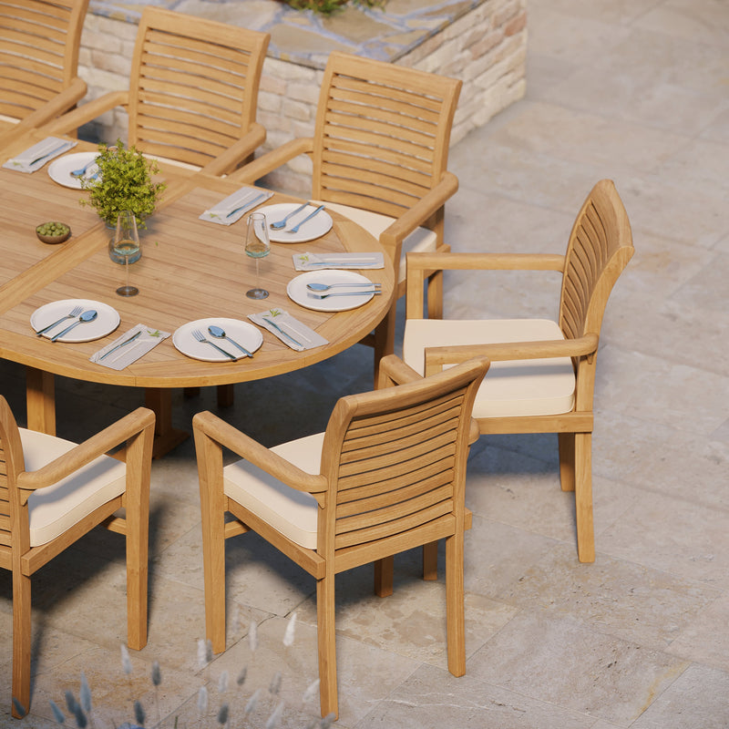 Giant Teak Oval Set 2-3m Extending Table 4cm Top (12 Oxford Stacking Chairs) Free Cushions.
