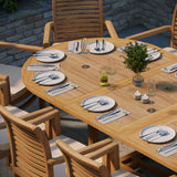 Giant Teak Oval Set 2-3m Extending Table 4cm Top (12 Oxford Stacking Chairs) Free Cushions.
