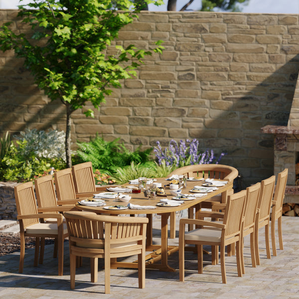 Teak 200-300cm Oval Extending Table 4cm Top (8 Henley Stacking Chairs 2 San Francisco Chairs) Free Cushions.