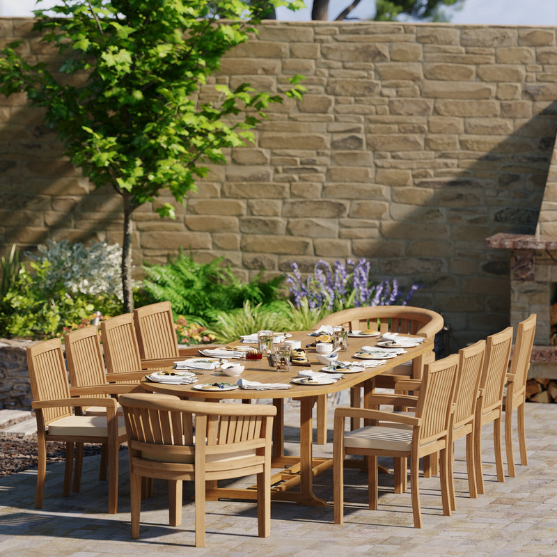 Teak 200-300cm Oval Extending Table 4cm Top (8 Henley Stacking Chairs 2 San Francisco Chairs) Free Cushions.