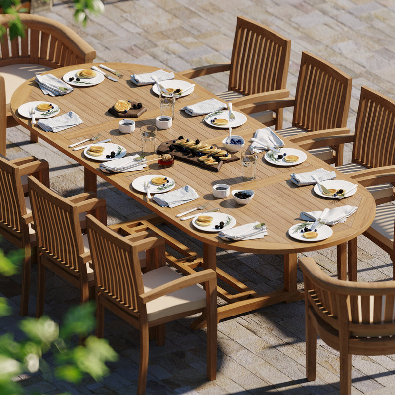 Teak 200-300cm Oval Extending Table 4cm Top (8 Henley Stacking Chairs 2 San Francisco Chairs) Free Cushions.
