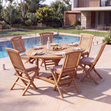 Teak Round to Oval 120-170cm Extending Table 4cm Top (6 Hampton Folding Chairs) - Versatile Teak Outdoor Dining Set – Australian outdoor lifestyle setting