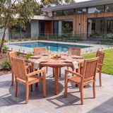 Maximus 150cm Round Teak Garden Dining Set with 6 Henley Stacking Chairs - Compact Outdoor Dining Set – Australian outdoor lifestyle setting