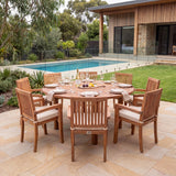 Teak Set 180cm Maximus Round Table 4cm Top (8 Henley Stacking Chairs) Cushions Included: Minimalist Round Outdoor Dining Set – Australian outdoor lifestyle setting