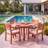 Teak Set 120cm Maximus Round Fixed Table, 4cm Top (4 x Marlow Stacking Chairs) Cushions Included: Beautiful Outdoor Teak Seat – Australian outdoor lifestyle setting