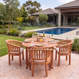 Teak Set 120-170cm Round to oval Table 4cm Top (4 teak San Francisco Chairs) cushions included- Contemporary Teak Outdoor Furniture Set – Australian outdoor lifestyle setting