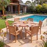 Maximus 150cm Round Teak Garden Dining Set with 6 Henley Stacking Chairs - Compact Outdoor Dining Set – Australian outdoor lifestyle setting