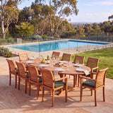 Teak 2–3m Oval Extending Table 4cm Top (10 Oxford Stacking Chairs) Cushions Included – Premium Teak Outdoor Dining Set – Australian outdoor lifestyle setting