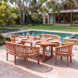 Teak Set Oval 180-240cm Extending Table 4cm Top (2 San Francisco Chairs 2 Benches) Cushions included - Contemporary Teak Garden Dining Set – Australian outdoor lifestyle setting