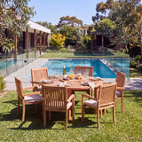 Maximus 150cm Round Teak Garden Dining Set with 6 Henley Stacking Chairs - Compact Outdoor Dining Set – Australian outdoor lifestyle setting