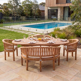 Teak Set Oval 180-240cm Extending Table 4cm Top (2 San Francisco Chairs 2 Benches) Cushions included - Contemporary Teak Garden Dining Set – Australian outdoor lifestyle setting