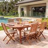 Teak Round to Oval 120-170cm Extending Table 4cm Top (6 Hampton Folding Chairs) - Versatile Teak Outdoor Dining Set – Australian outdoor lifestyle setting