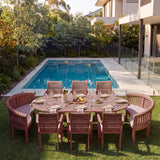 Teak 180-240cm Oval Extending Table 4cm Top (6 Oxford Stacking Chairs 2 San Francisco Benches) Cushions included – Timeless Teak Outdoor Dining Set – Australian outdoor lifestyle setting
