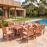 Teak 180-240cm Rectangle Extending Table 4cm Top (8 Warwick Chairs) Cushions Included - Premium Teak Outdoor Dining Set – Australian outdoor lifestyle setting