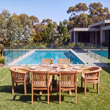 Teak 4cm Top Round to Oval 120–170cm Extending Table with 4 Henley Stacking Chairs & 2 San Francisco Chairs With Cushions Included – Versatile Teak Outdoor Dining Set – Australian outdoor lifestyle setting