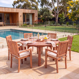 Maximus 150cm Round Teak Garden Dining Set with 6 Henley Stacking Chairs - Compact Outdoor Dining Set – Australian outdoor lifestyle setting