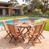Teak 120cm Round Sunshine Folding Table 4cm Top (6 Folding Chairs) Cushions Included - Premium Teak Garden Furniture Set – Australian outdoor lifestyle setting